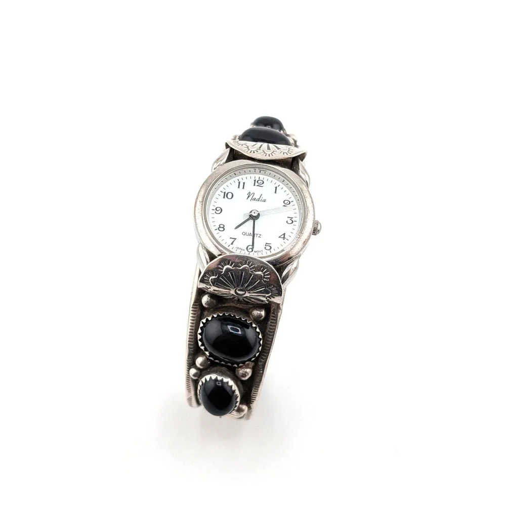 Vintage Navajo Jet Black Stone Cuff Bracelet Handmade Watch Accessory Sz 6.5 **